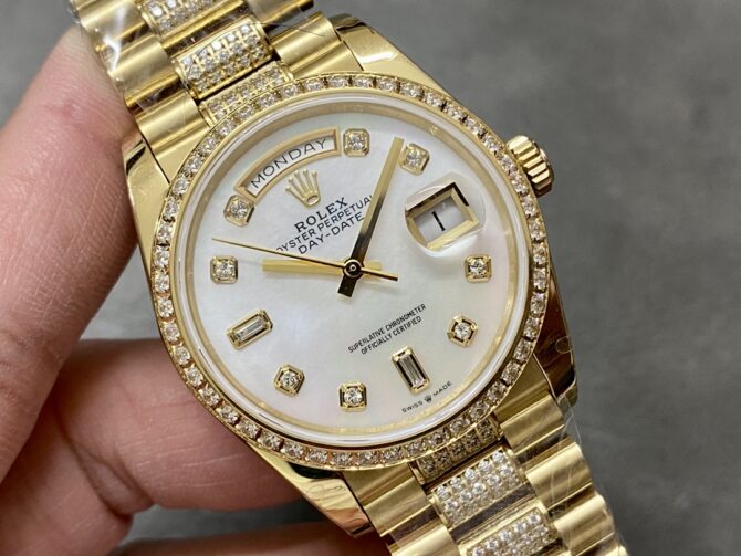 Replica Rolex Day Date 36 Yellow Gold Diamond Bezel MOP Dial m128348rbr 0019