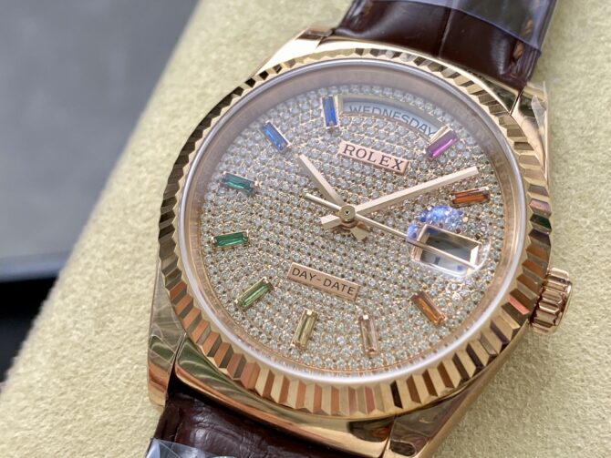 Replica Rolex Day Date 36 Diamond Paved Dial Fluted Bezel 18K Everose gold 128235 0039 President Watch