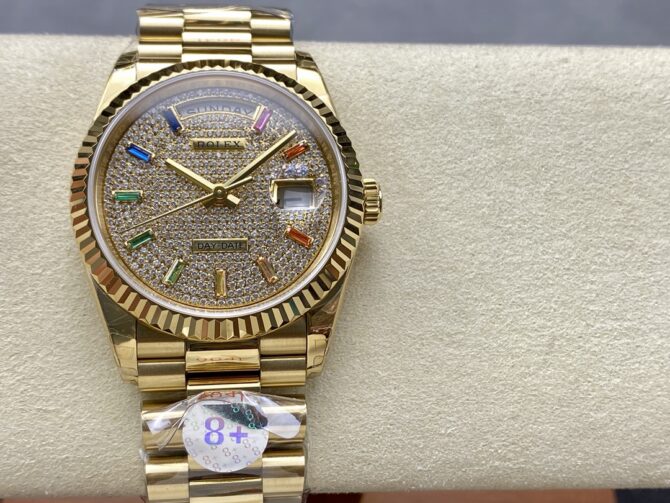 Replica Rolex Day Date 36mm Yellow Gold 128238 0051 Pave Rainbow Diamond Dial Fluted Bezel