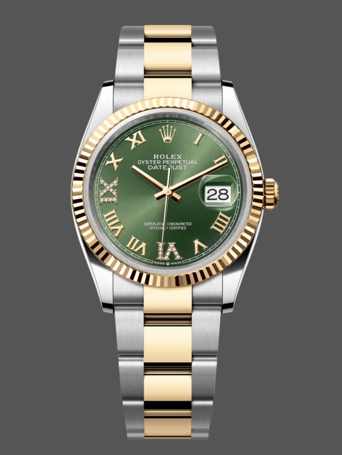 13574233 Olive Green Dial Yellow Gold and Oystersteel 36MM Unisex Replica Watch