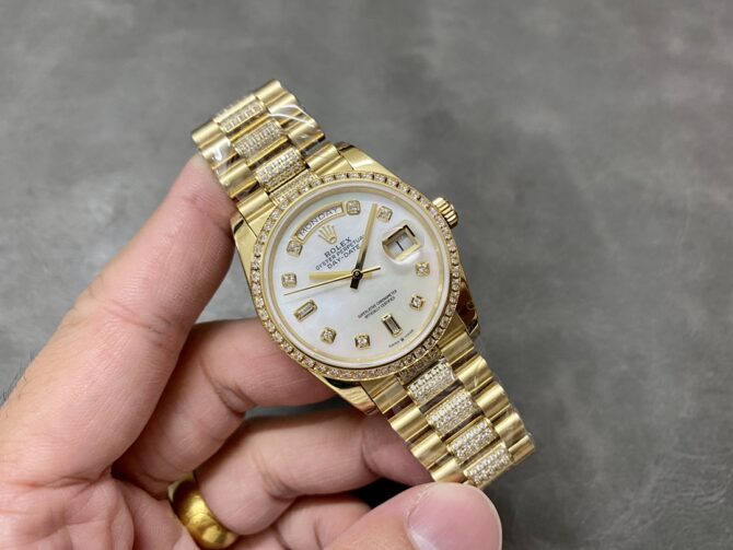 Replica Rolex Day Date 36 Yellow Gold Diamond Bezel MOP Dial m128348rbr 0019
