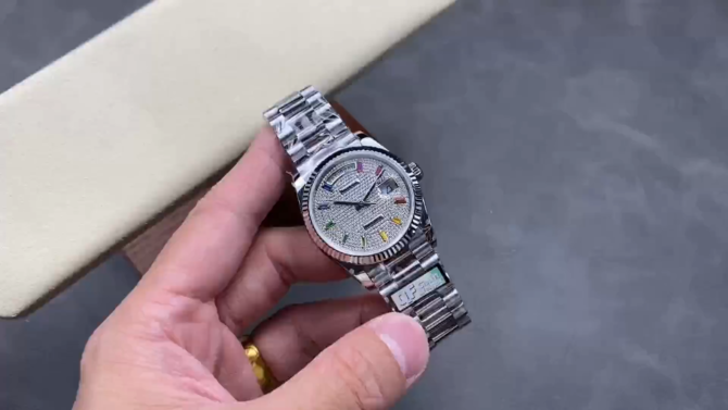 Replica Rolex Day Date 36mm White Gold 128239 0016 Pave Rainbow Diamond Dial