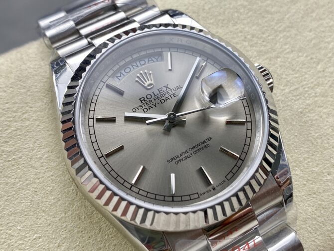 Replica Rolex Day-Date 128239 0005 White Gold Silver Index Dial 36MM Unisex Watch