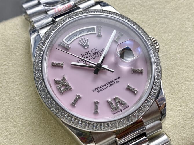 Replica Rolex Day Date 36 Platinum Pink Opal Diamond-Set Roman Dial Diamond Bezel m128396tbr 0009