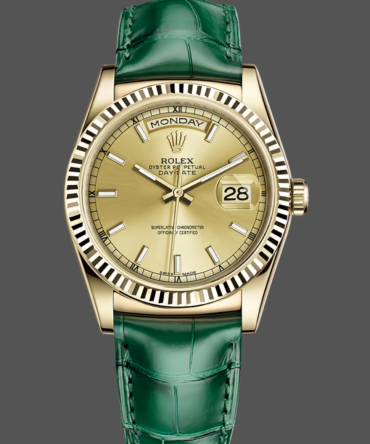 Replica Rolex Day Date 36 Yellow Gold Champagne Dial 118138 0125 Green Strap