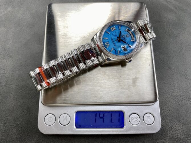 Replica Rolex Day Date 36 Platinum Turquoise Diamond-Set Roman Dial Diamond Bezel m128396tbr 0016