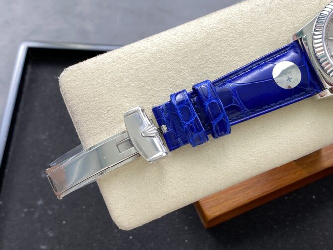 Replica Rolex Day Date 36 White Gold Silver Dial 118139 0097 Blue Leather Strap
