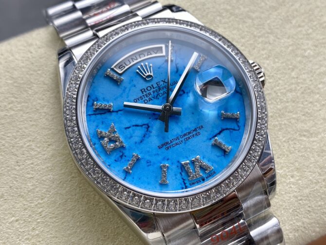 Replica Rolex Day Date 36 Platinum Turquoise Diamond-Set Roman Dial Diamond Bezel m128396tbr 0016