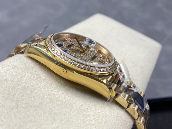 Replica Rolex Day Date 36mm Yellow Gold 128348RBR 0030 Pave Rainbow Diamonds Sapphires Dial