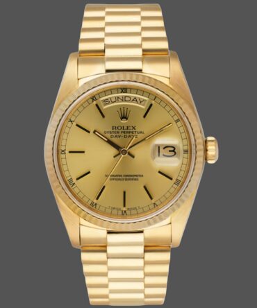 Replica Rolex Day-Date 118208 champagne dial with gold indexes Yellow Gold 36mm Unisex Watch