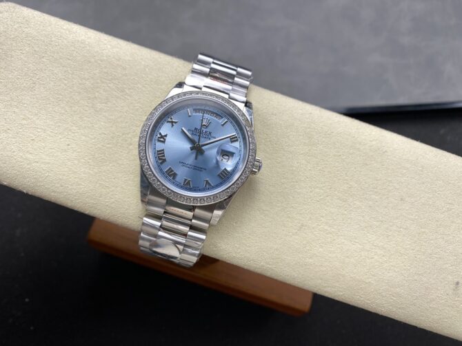 Replica Rolex Day Date 36 Diamond Bezel Ice Blue Roman Dial m128396tbr 0019