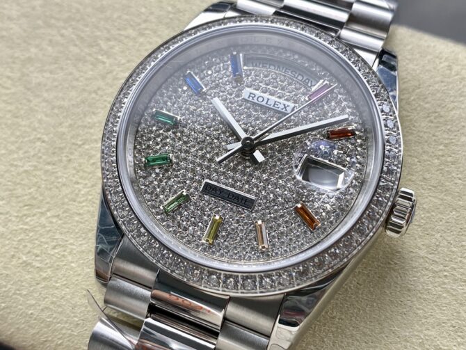Replica Rolex Day Date 36mm White Gold 128349RBR 0006 Pave Rainbow