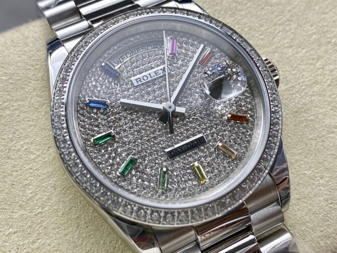 Replica Rolex Day Date 36mm White Gold 128349RBR 0006 Pave Rainbow