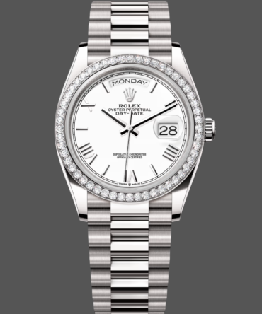 Replica Rolex Day Date 36 White Gold Diamond Bezel White Dial m128399tbr 0019