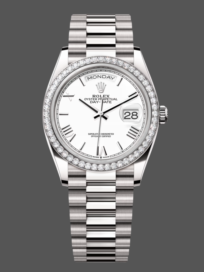 Replica Rolex Day Date 36 White Gold Diamond Bezel White Dial m128399tbr 0019