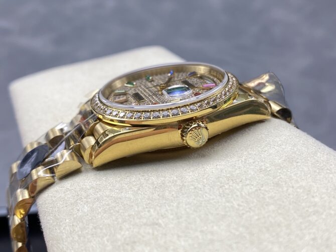 Replica Rolex Day Date 36mm Yellow Gold 128348RBR 0030 Pave Rainbow Diamonds Sapphires Dial