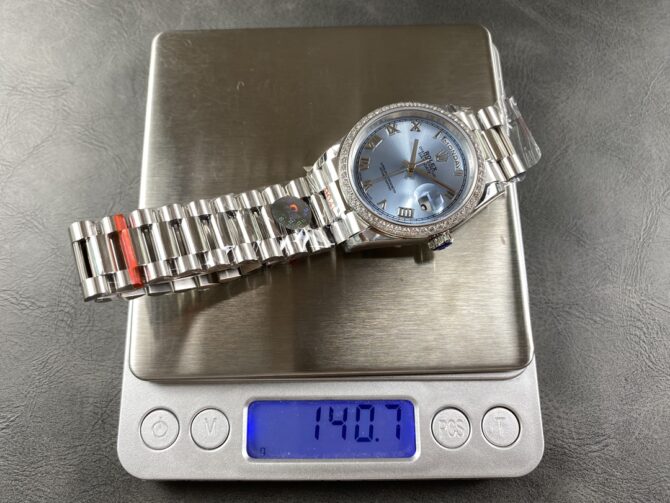 Replica Rolex Day Date 36 Diamond Bezel Ice Blue Roman Dial m128396tbr 0019