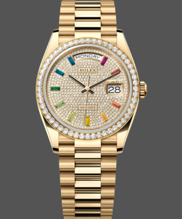 Replica Rolex Day Date 36mm Yellow Gold 128348RBR 0030 Pave Rainbow Diamonds Sapphires Dial