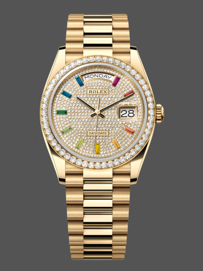 Replica Rolex Day Date 36mm Yellow Gold 128348RBR 0030 Pave Rainbow Diamonds Sapphires Dial