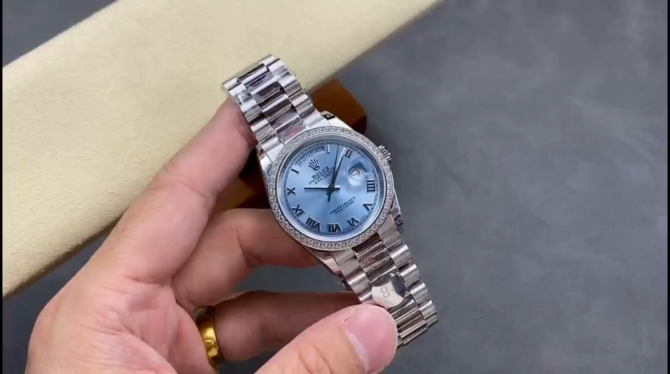 Replica Rolex Day Date 36 Diamond Bezel Ice Blue Roman Dial m128396tbr 0019