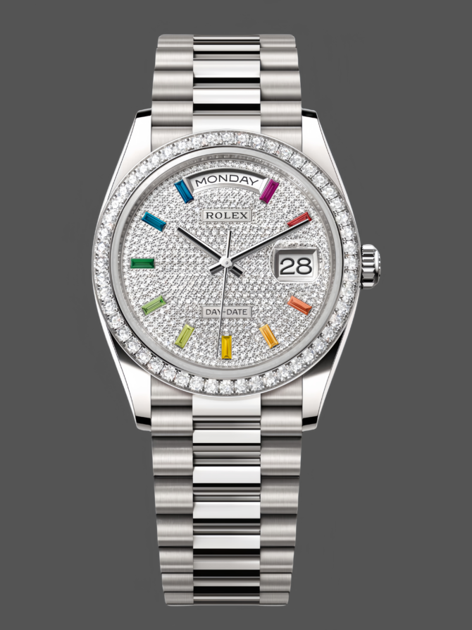 Replica Rolex Day Date 36mm White Gold 128349RBR 0006 Pave Rainbow