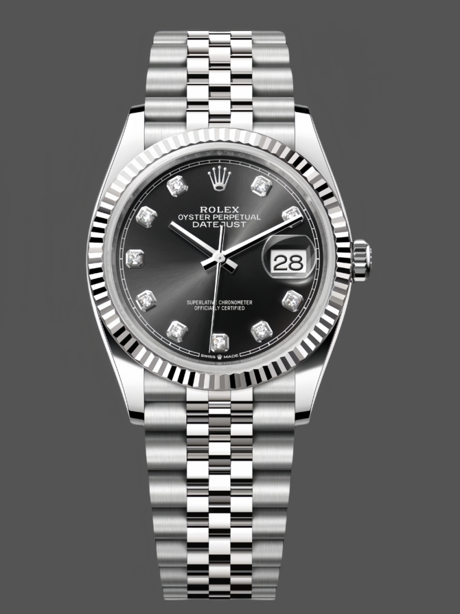 741247154 Fluted Bezel Black Diamond Dial 36MM Unisex Replica Watch