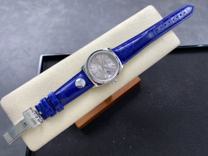 Replica Rolex Day Date 36 White Gold Silver Dial 118139 0097 Blue Leather Strap